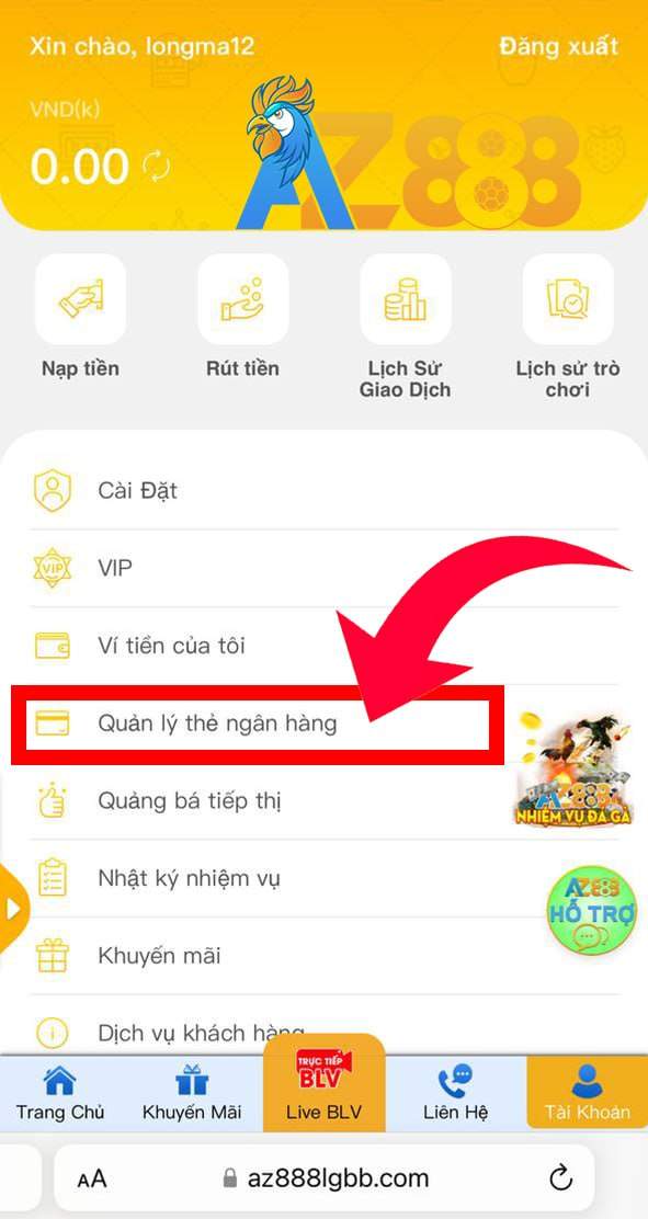 Chọn quản lý thẻ ngân hàng